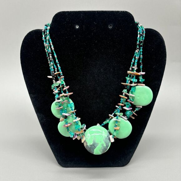Cj Banks Green Multi-Strand Ceramic Pendant Shell & Glass Seed Beads Necklace - Picture 1 of 9